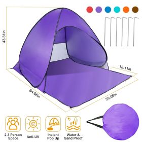 Pop Up Beach Tent Sun Shade Shelter Anti-UV Automatic Waterproof Tent Canopy for 2/3 Man w/ Net Window Storage Bag (Color: purple)